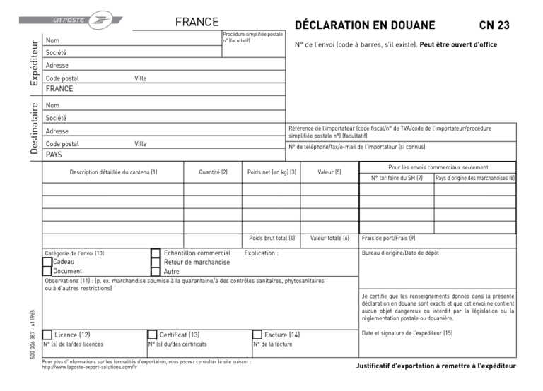 Déclaration en douane cn23