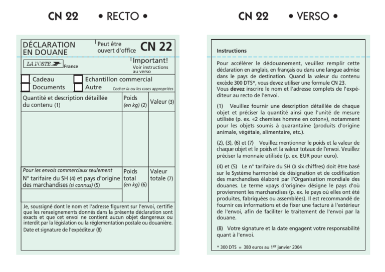 Déclaration en douane cn22